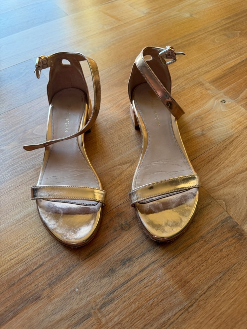 Stuart Weitzman Metallic Gold Ankle-Strap Sandals